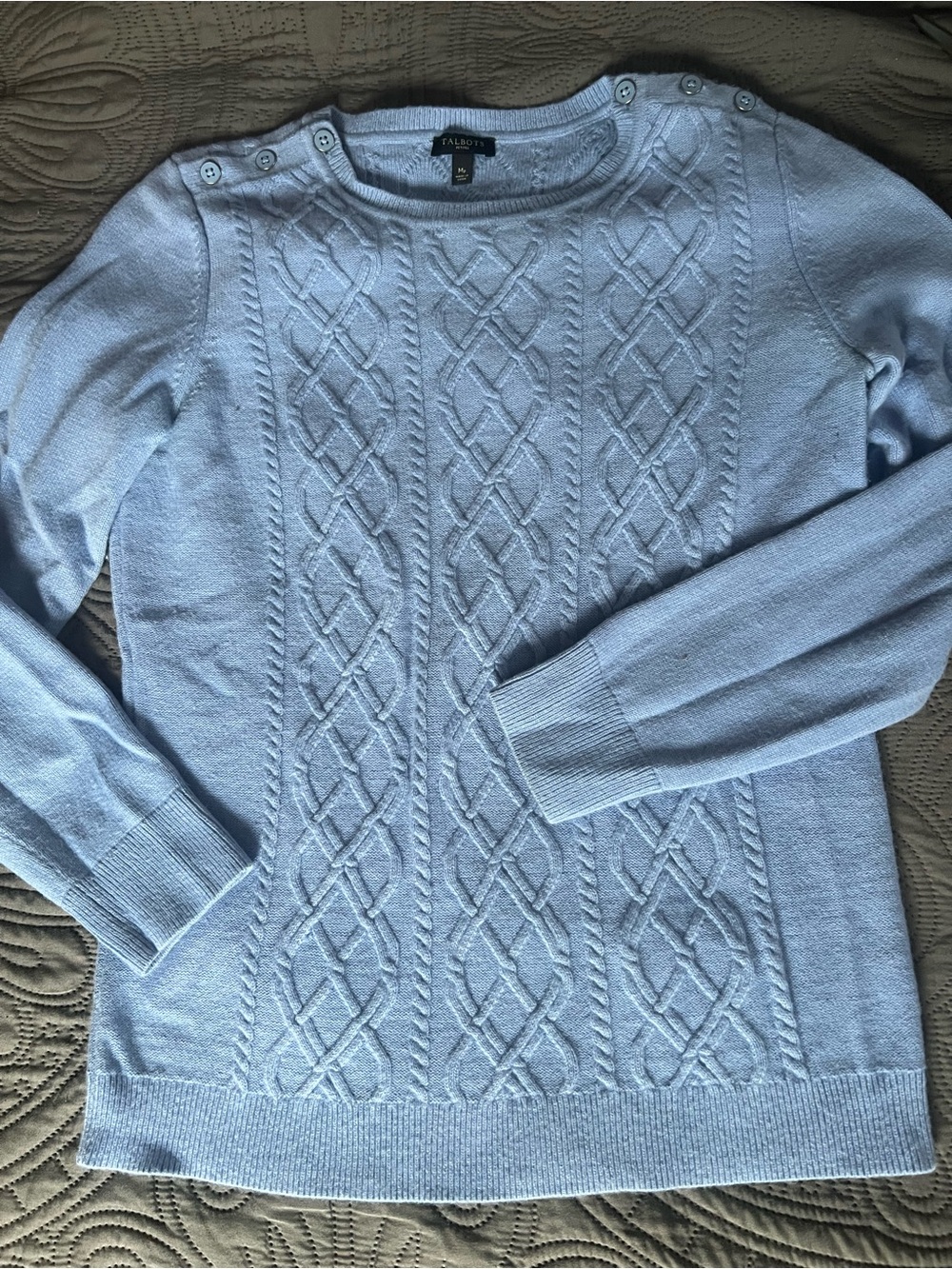Talbots lambswool Light Blue Cable-Knit Shoulder-Button Sweater